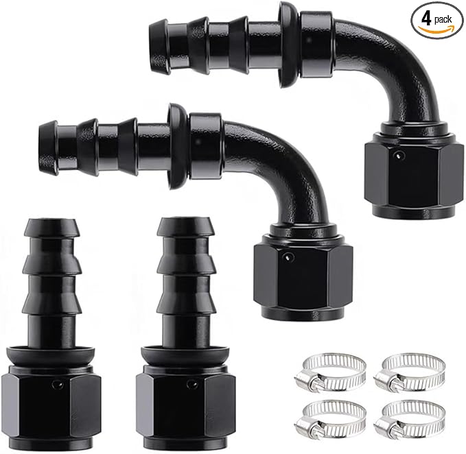 10AN Push Lock Hose Fitting End Kit Straight and 90 Degree Elbow Black Ends with Hose Clamps for Rubber Fuel Line 4PCS