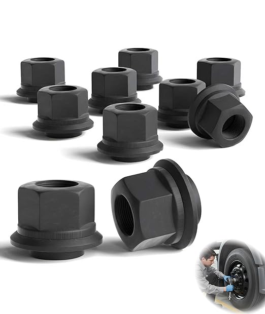 10PCS M22x1.5 Two-Piece Sleeve Flanged Wheel Nuts, 6mm Short Sleeve Nuts, 33mm Hex Black for Heavy Duty Truck Semi Truck Fit Steel Dual Wheels with Hub Piloted Seat & 26mm Bolt Hole Size