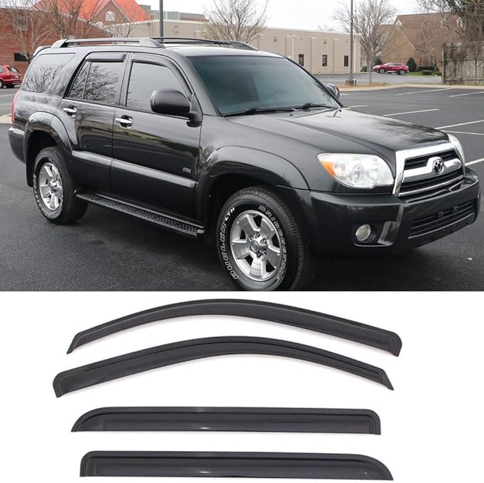 94924 Side Window Visor Wind Vent Deflector fit for 2003-2009 Toyota 4Runner (N210),4pcs Outside Mount Style Tape-On Dark Smoke Nice Sun Rain Guards Set