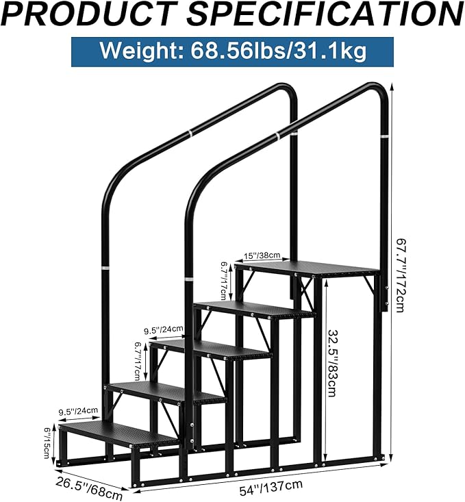 RV Steps, 5-Steps RV Stairs with Handrail Hot Tub Steps Camper Steps, Non-Slip Steps Outdoor Stairs for RV, Trailer, Mobile Home Stairs, Outdoor Spa