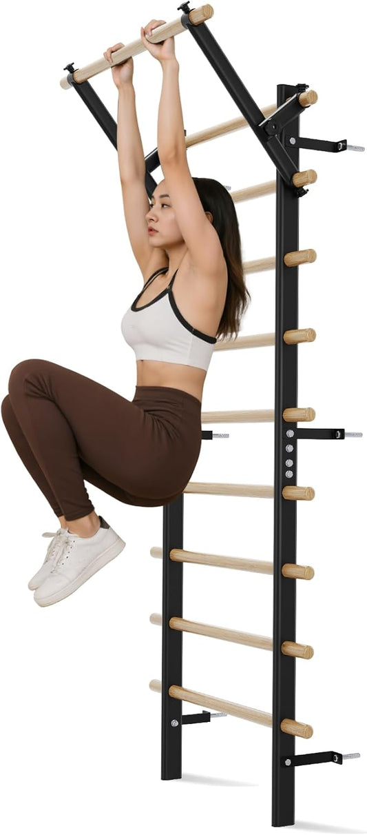 Swedish Ladder Wall Gym, Stall Bar Home Gym with Adjustable Pull-Up Bar, Dip Bar Attachments & 2pcs Resistance Band, 9 Strategic Rods for Core Strengthening and Stretching Balanced for Body Exercise