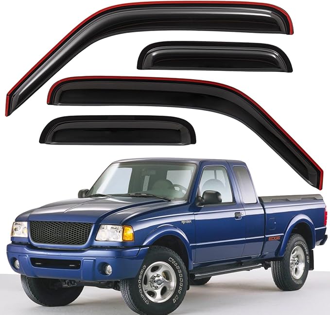 Lightronic Extra Durable Tape-on Auto Vent Window Visor, Fits 1999-2011 Ford Ranger SuperCab w/Fixed Rear Window; 1999-2010 Mazda B-Series Ext. Cab, UV Protect Rain Guard Wind Deflector, Smoke, 4-Pcs