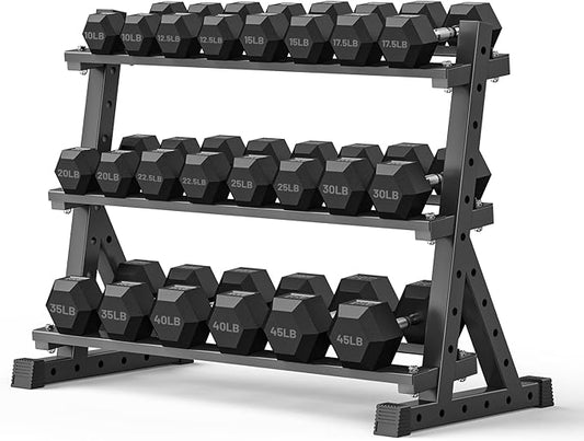 PAPABABE Hex Dumbbell Set with Rack, Rubber Encased Free Weight with Weight Storage Racks, Multiple Weight Options for Home Gym and Fitness