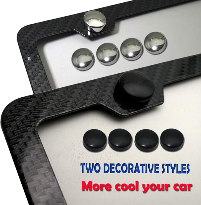 BGGTMO License Plate Frame Carbon Fiber- Black Aluminum Car Tag Frame Holder Printed Carbon Pattern with Rust Proof License Plate Screws and Black & Chrome Caps