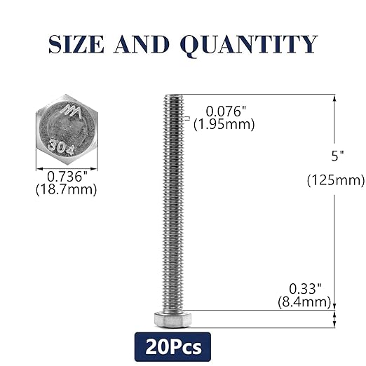 1/2-13 x 5 Hex Head Screw Bolt, 20Pcs 18-8 (304) Stainless Steel, Fully Threaded, Plain Finish, by SG TZH