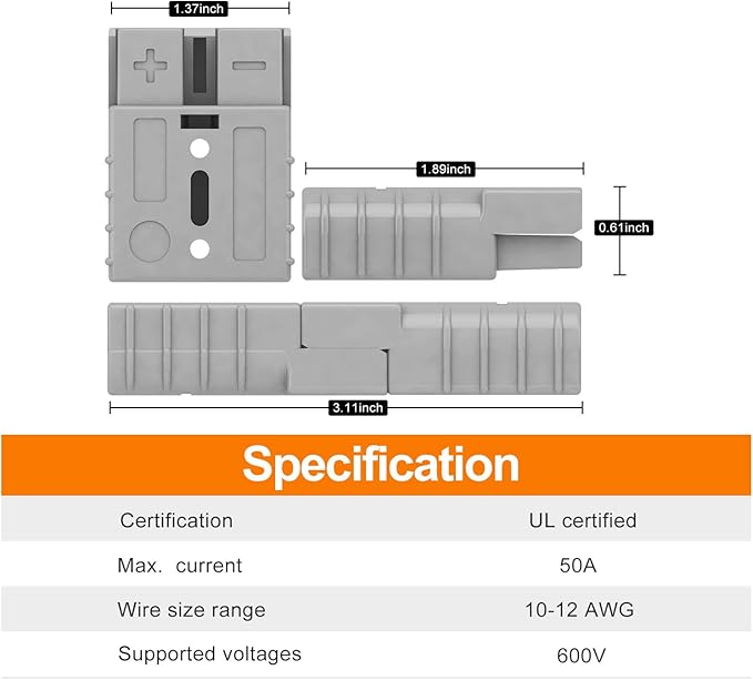 Connector, Quick Connect/Disconnect Battery Plug Connector Interchange Genderless Design Suitable for Car Trailer Winch Hoist Motor Electrical Equipment (Grey 50A 4 Pack 10-12 AWG)