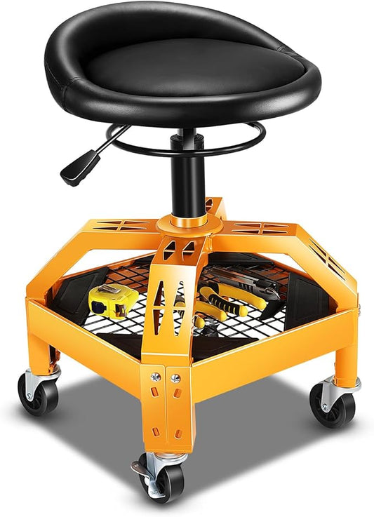 DNA Motoring Rolling Padded Seat Adjustable Height Seat 330lbs Capacity Rolling Mechanic Creeper Stool, W/Tool Storage Drawer & Tray, Black/Yellow,TOOLS-00599