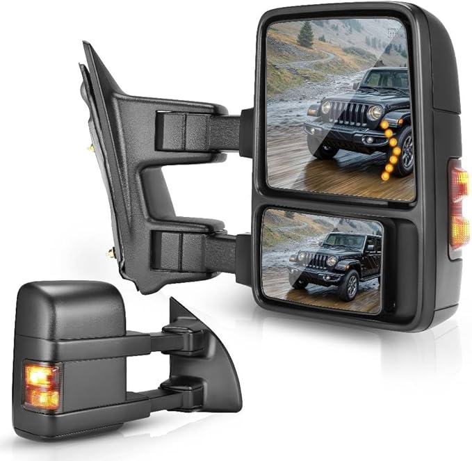 DWVO Tow Side Mirrors Compatible with 99-07 Ford F250 F350 F450 F550 Super Duty Mirror with Smoke Heated Turn Signal Light Led Turn Light Power Pairs