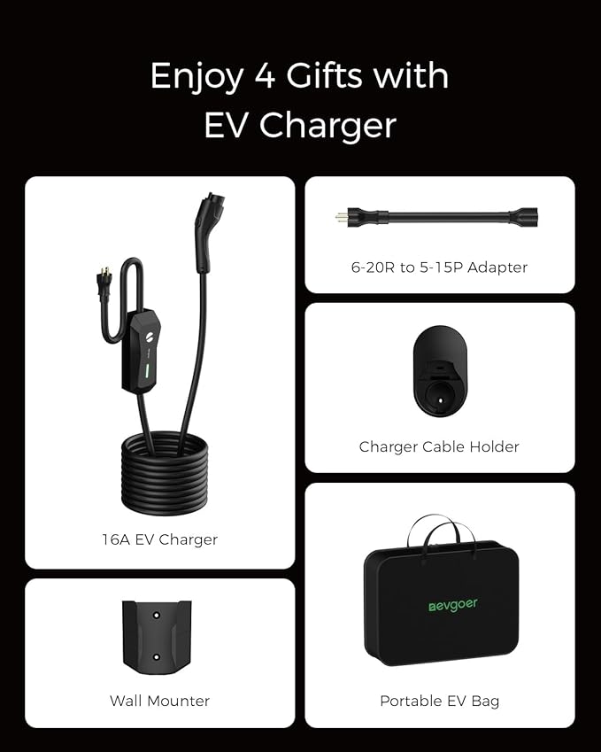 Level 1 EV Charger, 16A 110V 240V Portable EV Charger with 25FT Cable, Home Electric Vehicle Charging Station with NEMA 6-20 Plug NEMA 5-15 Adapter EVSE for All J1772 EVs