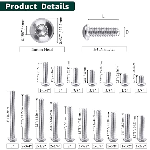 1/4-20 x 3 Button Head Socket Cap Bolts Screws, 304 Stainless Steel 18-8, Allen Hex Drive, Bright Finish, Fully Machine Thread, Pack of 30