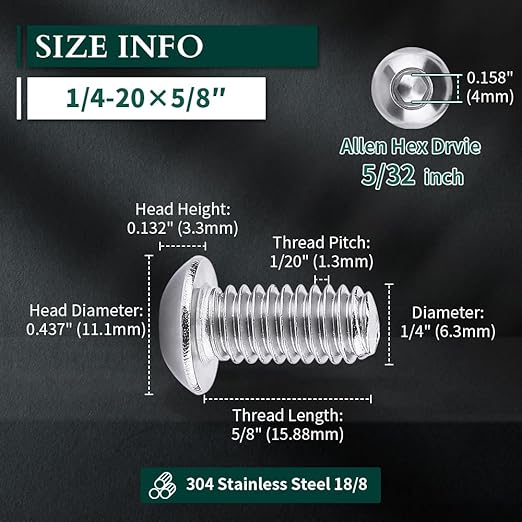 1/4-20 x 5/8" Button Head Socket Cap Bolts Screws, 304 Stainless Steel 18-8, Allen Hex Drive, Bright Finish, Fully Machine Thread, Pack of 30