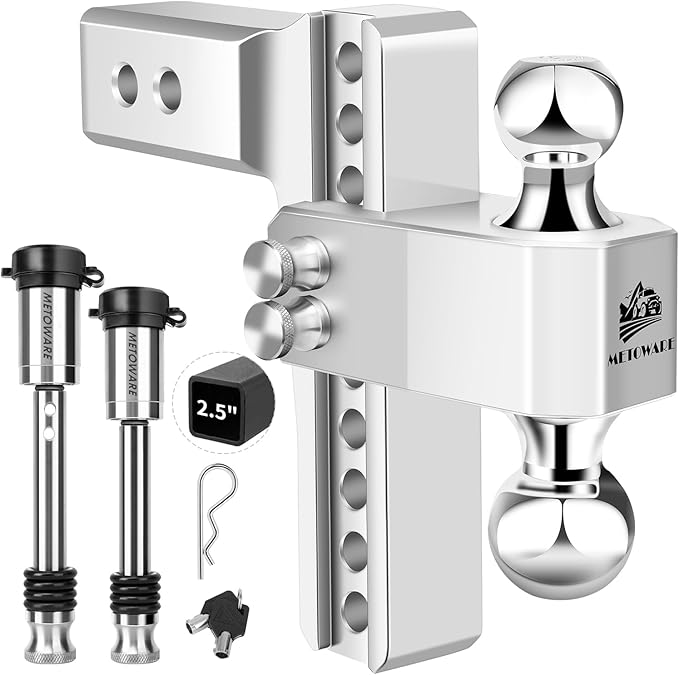 METOWARE Adjustable Trailer Hitch - Aluminum Tow Hitch Fits 2.5-Inch Receiver - Heavy Duty Drop Hitch with 8-Inch Drop/Rise for Truck (18,000 LBS GTW), Double Stainless Steel Locks & Hitch Pin