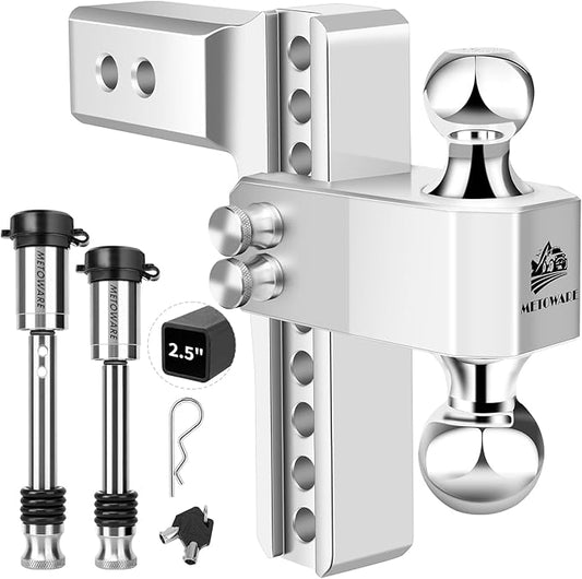 METOWARE Adjustable Trailer Hitch - Aluminum Tow Hitch Fits 2.5-Inch Receiver - Heavy Duty Drop Hitch with 8-Inch Drop/Rise for Truck (18,000 LBS GTW), Double Stainless Steel Locks & Hitch Pin