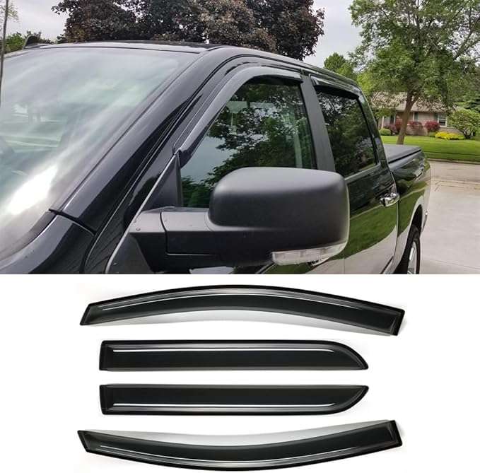 Side Window Visors Wind Vent Deflector fit for 2019-2024 Dodge Ram 1500 Crew Cab Pickup,4pcs Outside Mount Tape-On Dark Smoke Nice Sun Rain Guards Set 94806