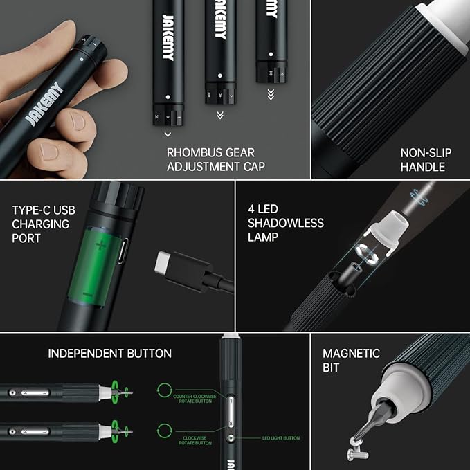 JAKEMY Electric Mini Laptop Screwdriver Repair Tool Kit Cordless Torque Power Gear Adjustable with Light Manual&Automatic Screwdriver Rechargeable for Phone,Consoles,Toys,Ect