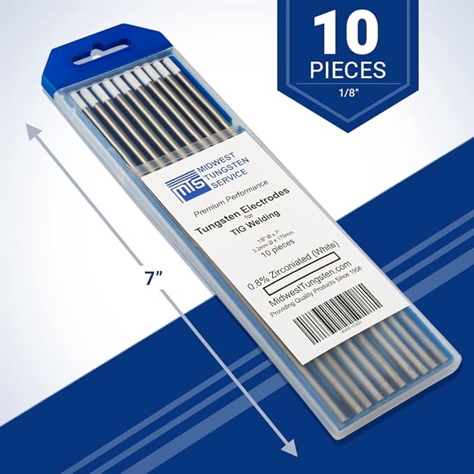Midwest Tungsten Service TIG Welding Tungsten Electrodes 10-Pack (White - 0.8% Zirconiated Tungsten (WZ8, EWZ-0.8), 1/8")