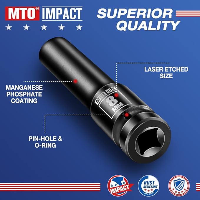 MTO 1/2" Drive 8mm Deep Impact Socket, 6-Point Metric Socket for Automotive Maintaince, CR-V Steel Meets ANSI Standards