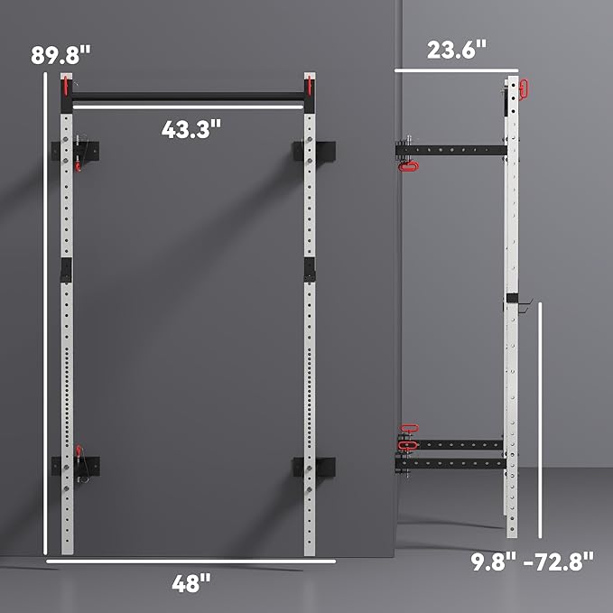 Soozier Folding Squat Rack with Adjustable Pull-Up Bar, 1000 Pounds Capacity Wall Mounted Power Rack, Adjustable Barbell Rack with J Hooks for Home Gym Full Body Workout