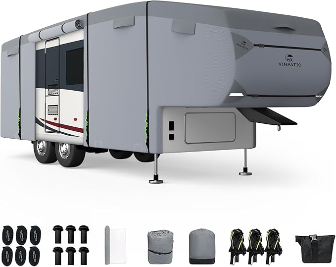 5th Wheel Cover: Heavy Duty Fifth Wheel Cover Fits 37'-40' RV, 7 Layers Waterproof Windproof 5th Wheel RV Cover Ripstop, with Gutter Cover & 3 Pcs Extra Straps