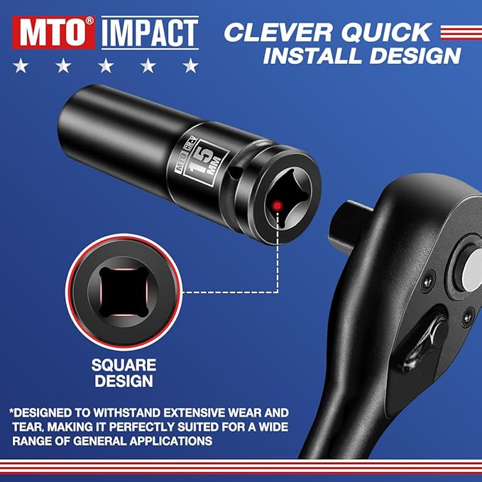 MTO 1/2" Drive 15mm Deep Impact Socket, 6-Point Metric Socket for Automotive Maintaince, CR-V Steel Meets ANSI Standards