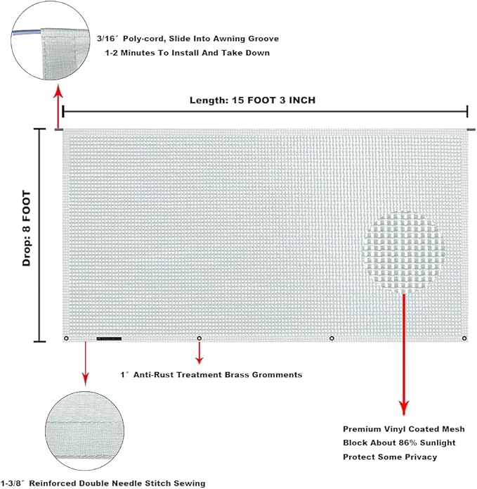Tentproinc RV Awning Sun Shade Screen 8' X 15' 3'' (Fit for 16' Awning) Mesh Sunscreen Sunshade Camper Trailer Motorhome Awnijng screenshade UV Blocker Complete Kits - 3 Year Warranty (Gray)