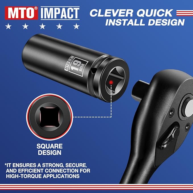 MTO 1/2" Drive 19mm Deep Impact Socket, 6 Pt. Metric Socket, CR-MO Steel & Anti-Corrosion Coating for Heavy-Duty Use