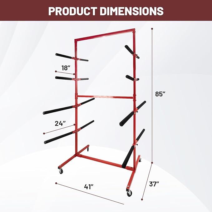 Mobile Bumper Storage Rack, 8 Pairs of Arms Double Sided Bumper Stand with Lockable Wheels, Heavy Duty Utility Bumper Storage Dolly Length Adjustable for Automobile Parts Accessories, Red