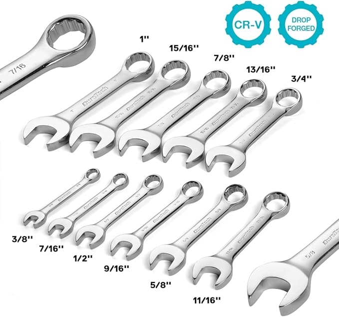 DURATECH Stubby Combination Wrench Set, SAE, 11-piece, 3/8'' to 1'', 12-Point, CR-V Steel, with Rolling Pouch