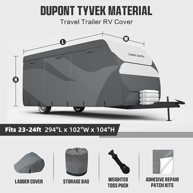 Umbrauto Travel Trailer RV Cover 23-24ft, Waterproof & Ripstop Camper Cover with 4-Layer Sides, Sun and Snow Protection, Extra Windproof Ropes, Fits Toy Hauler