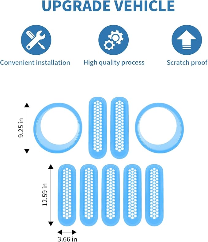 for Jeep JK Front Grille Inserts & Headlight Cover Trim Ring for Jeep Wrangler JK JKU 2007-2017 Light Blue Exterior Accessories 9pcs