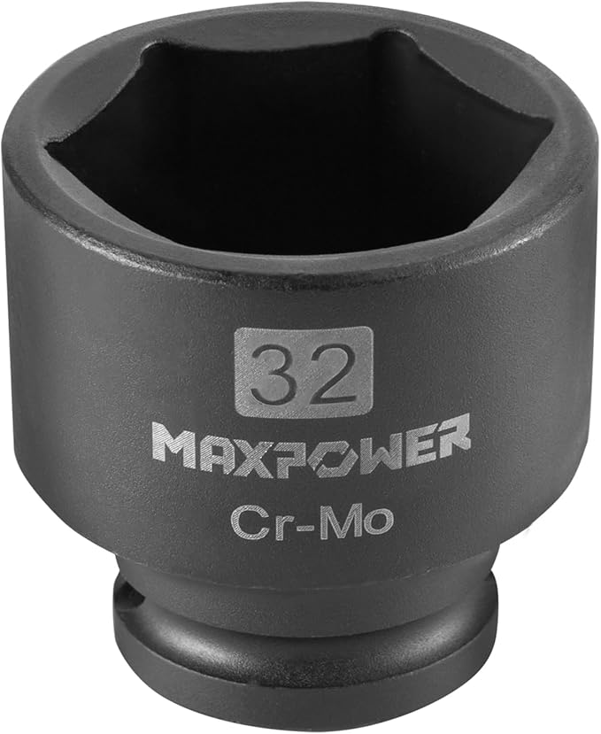 MAXPOWER 1/2 Inch Drive 32mm Standard Impact Socket, Made with Heat-Treated Chrome Molybdenum Steel, 6-Point Design, Metric