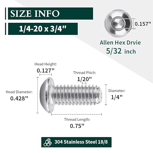 1/4-20 x 3/4" Button Head Socket Cap Bolts Screws, 304 Stainless Steel 18-8, Allen Hex Drive, Bright Finish, Fully Machine Thread, Pack of 30