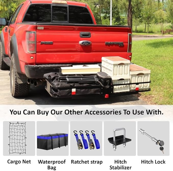 FORWODE 60x24x6 Hitch Carrier for 2 Inch Receiver, 500LB Capacity Hitch Mount Rack with Folding Cargo Basket, Rust-Resistant Coat, Includes Cargo Net