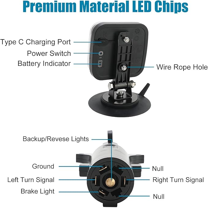 SUNPIE Trailer Lights Wireless LED Trailer Light Kit with Rechargeable Retrore Flectors Adjustable Magnetic Type C Towing Light Kit for Trucks, Boat, RV, Vehicle, Caravan