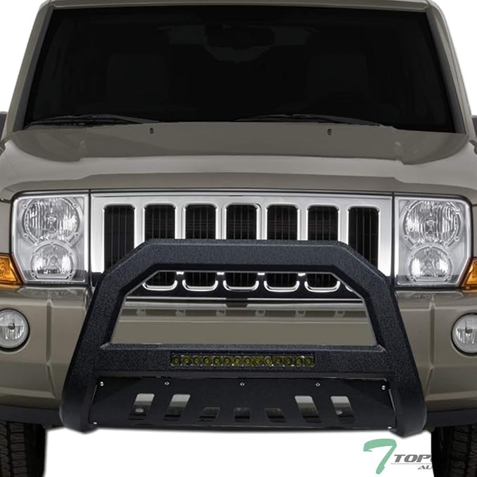 Textured Black AVT Style Aluminum LED Light Bull Bar Brush Push Front Bumper Grill Grille Guard with Skid Plate Compatible with 05-07 Jeep Grand Cherokee / 06-10 Commander