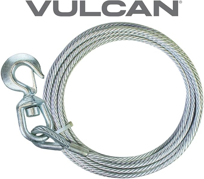 VULCAN Winch Cable with Swivel Hook - Steel Core - 3/8 Inch x 75 Foot - 14,000 Lbs. Minimum Breaking Strength