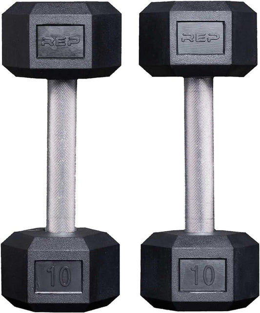Rep Fitness Rubber Hex Dumbbell(s) - Singles (55LB +) and Pairs (5LB - 50LB) - Low Odor, Fully Knurled Handle