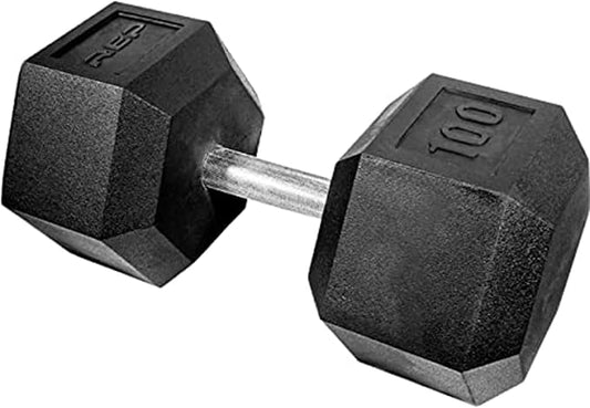 Rep Fitness Rubber Hex Dumbbell(s) - Singles (55LB +) and Pairs (5LB - 50LB) - Low Odor, Fully Knurled Handle
