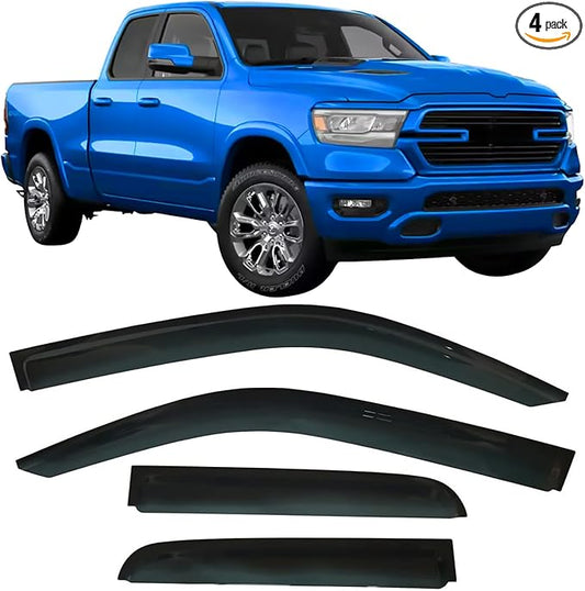 2019-2026 Tape-On Rain Guards for Dodge RAM 1500 Quad cab only Side Window Visor Deflectors Durable Tinted Shades 2019 2020 2021 2022 2023 2024 2025