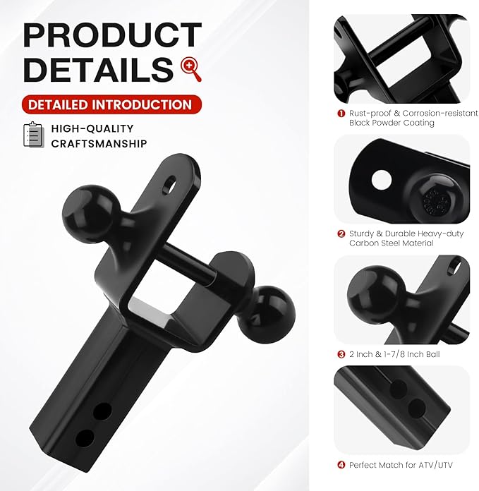 ATV/UTV Dual Ball Trailer Hitch Receiver Hitch Towing Ball Mounts 5000 LBS GTW-Multi Hitch,2 Inch & 1-7/8 Inch Ball,Fits 2-inch Receiver,1-inch Rise,3-in-1 ATV/UTV Multi-Hitch with Pin by puxyblue