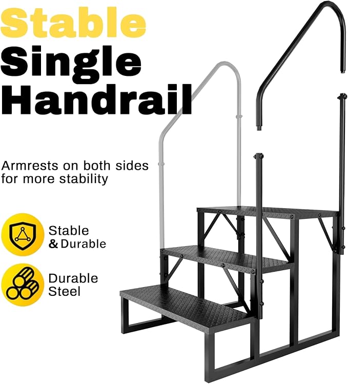RV Steps with Handrail, Hot Tub Steps Outdoor, 3 Step Ladder Stool, RV Stairs with Anti-Slip Panel, Camper Steps for Spa, Travel Trailers, Pool and Porch