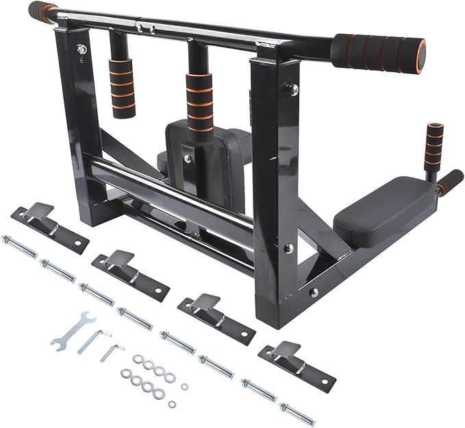 Wall Mounted Pull Up Bar Chin Up bar Multifunctional Adjustable Dip Station for Indoor Home Gym Workout, Power Tower Set Training Equipment Fitness Dip Stand Supports to 440 Lbs (Black)