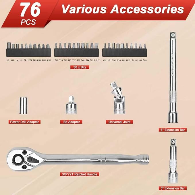 3/8” Drive Socket Set, 76 Pieces Ratchet Wrenches Set, Standard and Deep Metric (8 to 19mm)/SAE (5/16 to 3/4 inch) Size, with 72-Tooth Ratchet for Auto Repairing and Household, with Storage Case