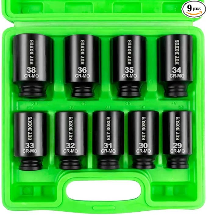 1/2" Drive Impact Socket Set, 9-Piece Metric Deep Axle Nut Sockets, 6-Point, Cr-Mo, 29mm, 30mm, 31mm, 32mm, 33mm, 34mm, 35mm, 36mm,38mm