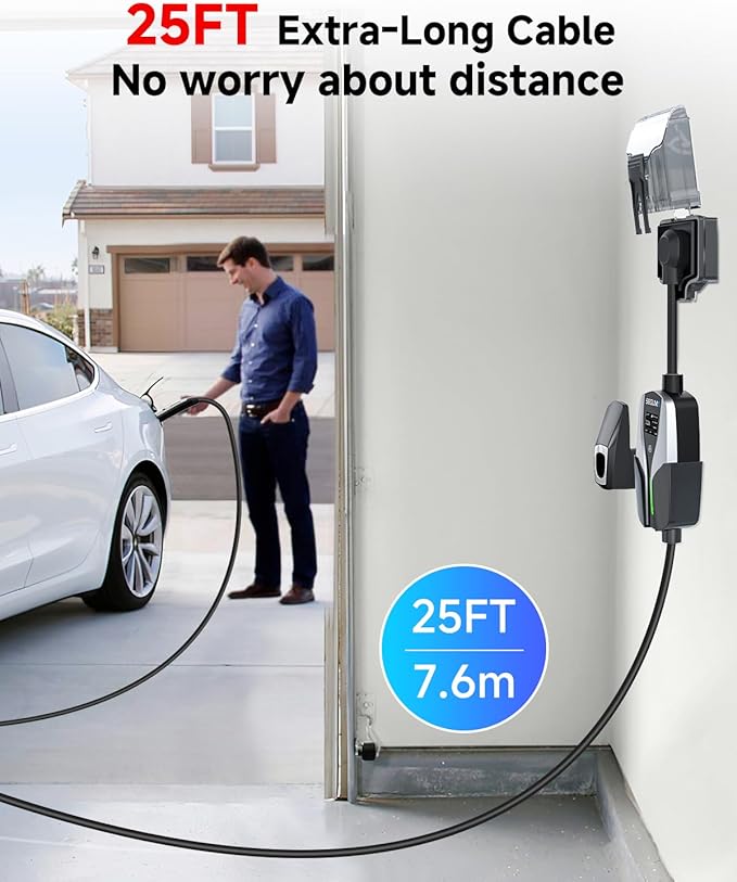 EV Charger Level 2 for Tesla(32Amp 240V 7.68kW), NEMA 14-50 Plug NACS EV Chargers, 25FT Adjustable Current Portable Electric Car Charger Compatible with All Nacs