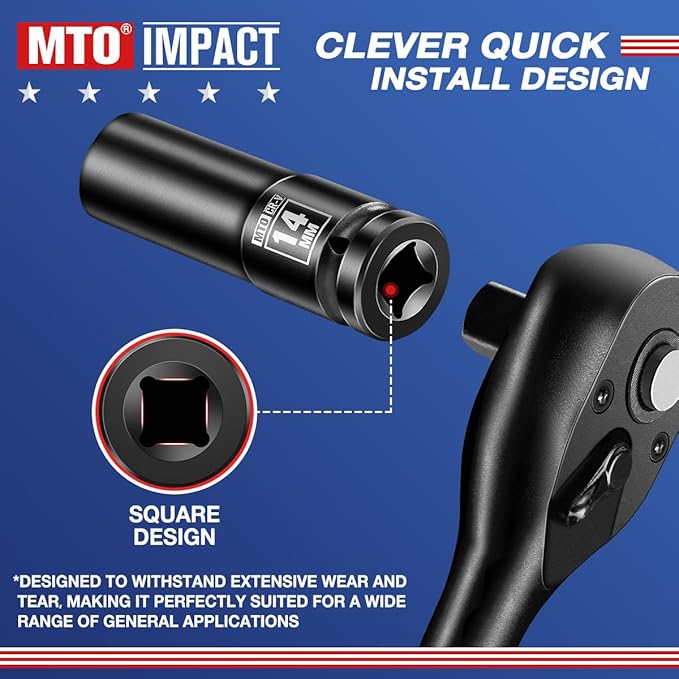 MTO 1/2" Drive 14mm Deep Impact Socket, 6-Point Metric Socket for Automotive Maintaince, CR-V Steel Meets ANSI Standards