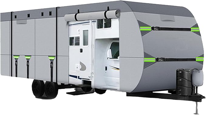 24-27FT RV Cover Upgraded 8 Layers Top Windproof Travel Trailer Camper Cover Cover for 24' to 27' RV, with Tire Cover,Hauler Cover Tongue Jack Extra Long Windproof Ropes
