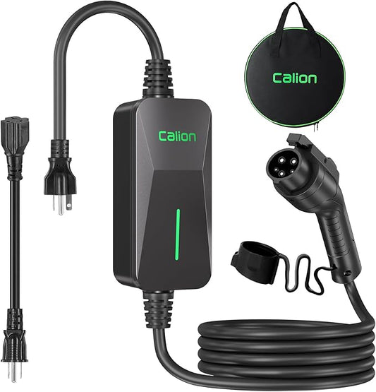 CALION Level 1&2 EV Portable Charger - 16A, Compatible with J1772 EVs, NEMA 6-20P (240V) & 6-20P to 5-15P Adapter (120V), 25FT Cable, LED Light, No Screen, Various Protections