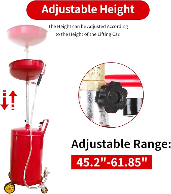 Aain 20 Gallon Portable Oil Drain Container,Waste Oil Drain Tank,Air Operated Drainer for Oil Change,Portable Fluid Drain Disposal with Adjustable Height,Heavy Duty Construction with Wheels