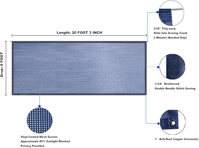 Tentproinc RV Awning Sunshade Screen 8' X 20' 3'' (Fit for 21' Awning) Mesh Sun Shade for RV Awning Sunscreen Block UV Glare Motorhome Camping Trailer Awning Shadescreen - 3 Year Warranty (Navy Blue)